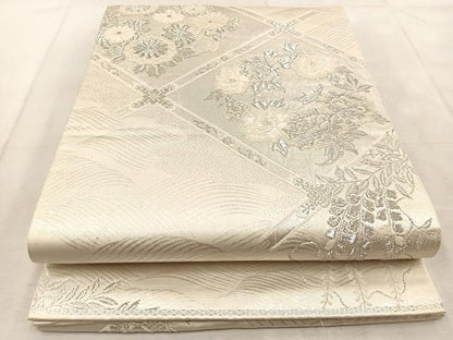 平和屋着物◎六通柄袋帯　唐織　菱天井花文　美保姿　銀糸　正絹　逸品　BAAU9743yc