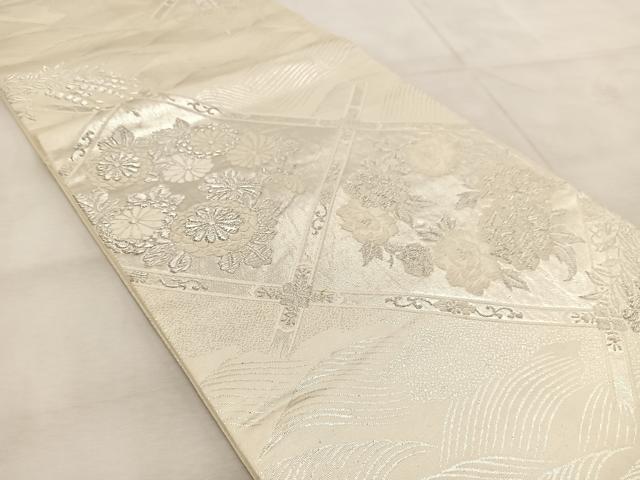 平和屋着物◎六通柄袋帯　唐織　菱天井花文　美保姿　銀糸　正絹　逸品　BAAU9743yc