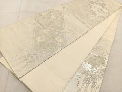 平和屋着物◎六通柄袋帯　唐織　菱天井花文　美保姿　銀糸　正絹　逸品　BAAU9743yc