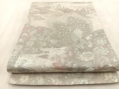 平和屋着物◎六通柄袋帯 孔雀風景文 彩京錦 プラチナ箔二重引 金銀糸 正絹 逸品 BAAU9771yc