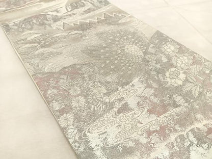 平和屋着物◎六通柄袋帯 孔雀風景文 彩京錦 プラチナ箔二重引 金銀糸 正絹 逸品 BAAU9771yc