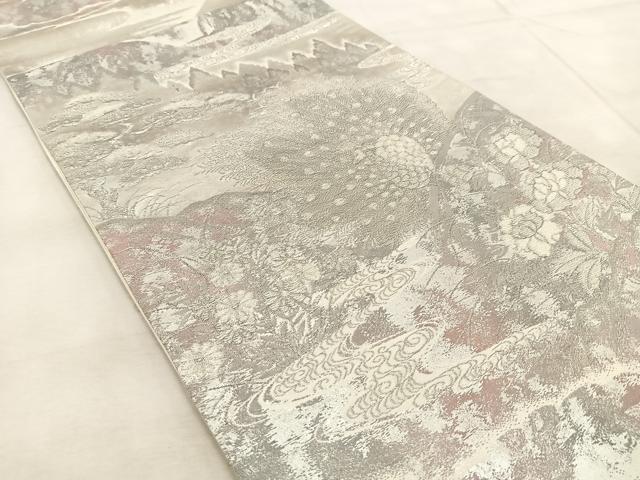 平和屋着物◎六通柄袋帯 孔雀風景文 彩京錦 プラチナ箔二重引 金銀糸 正絹 逸品 BAAU9771yc