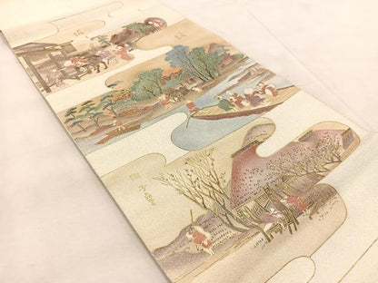 平和屋着物◎太鼓柄袋帯　綴れ　東海道五拾三次　金銀彩　正絹　逸品　BAAU9796yc