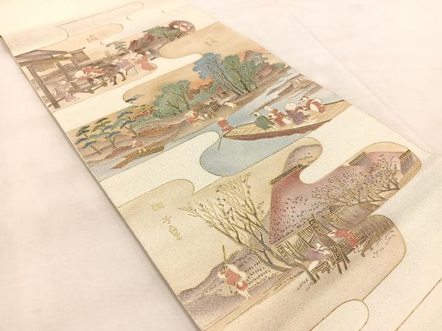 平和屋着物◎太鼓柄袋帯　綴れ　東海道五拾三次　金銀彩　正絹　逸品　BAAU9796yc