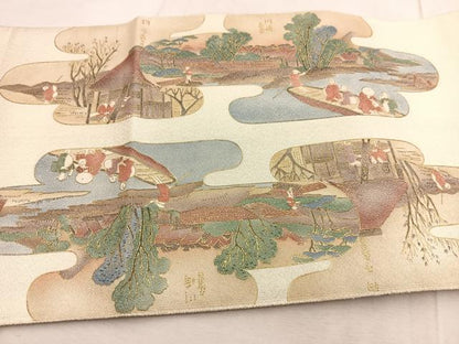 平和屋着物◎太鼓柄袋帯　綴れ　東海道五拾三次　金銀彩　正絹　逸品　BAAU9796yc