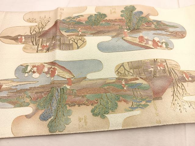 平和屋着物◎太鼓柄袋帯　綴れ　東海道五拾三次　金銀彩　正絹　逸品　BAAU9796yc