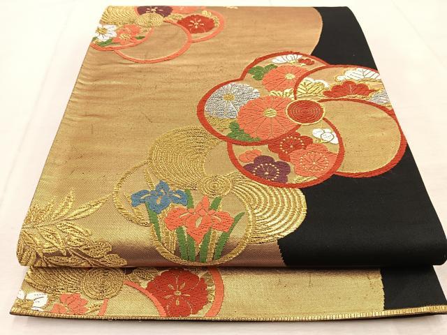 平和屋着物◎六通柄袋帯　草花文　黒地　金銀糸　正絹　逸品　BAAU9810yc