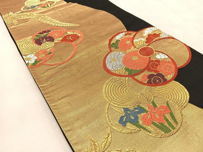 平和屋着物◎六通柄袋帯　草花文　黒地　金銀糸　正絹　逸品　BAAU9810yc