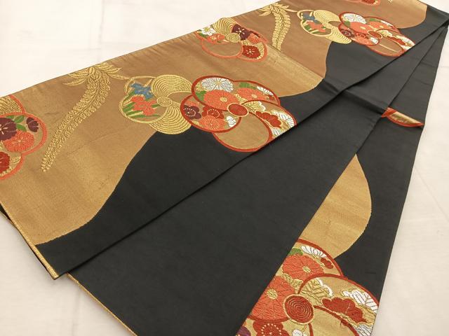 平和屋着物◎六通柄袋帯　草花文　黒地　金銀糸　正絹　逸品　BAAU9810yc