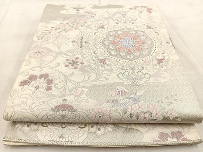 平和屋着物◎六通柄袋帯　唐織　花喰い鳥正倉院花文　銀糸　正絹　逸品　BAAU9819yc