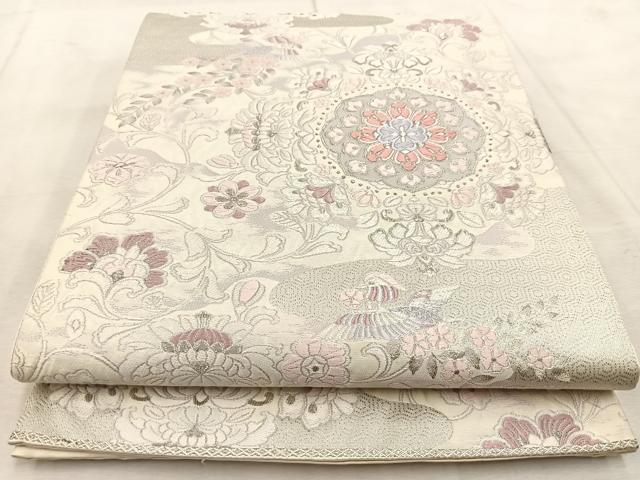 平和屋着物◎六通柄袋帯　唐織　花喰い鳥正倉院花文　銀糸　正絹　逸品　BAAU9819yc