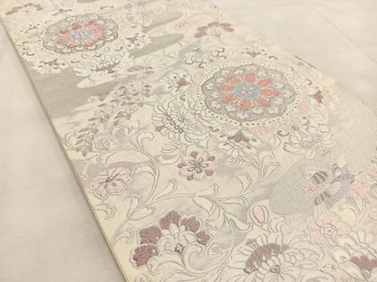 平和屋着物◎六通柄袋帯　唐織　花喰い鳥正倉院花文　銀糸　正絹　逸品　BAAU9819yc