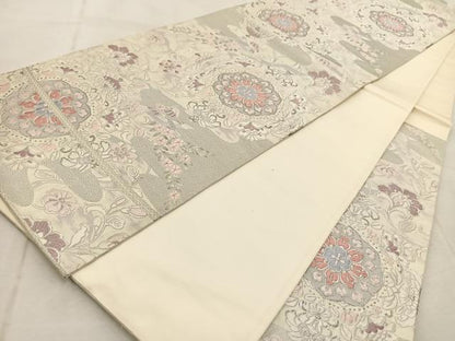 平和屋着物◎六通柄袋帯　唐織　花喰い鳥正倉院花文　銀糸　正絹　逸品　BAAU9819yc