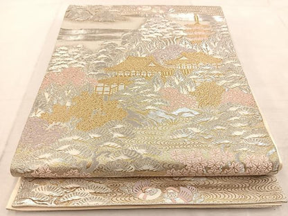平和屋着物◎西陣　服部織物謹製　六通柄袋帯　唐織　松風　古城風景文　金銀糸　正絹　逸品　BAAU9849yc