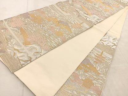 平和屋着物◎西陣　服部織物謹製　六通柄袋帯　唐織　松風　古城風景文　金銀糸　正絹　逸品　BAAU9849yc