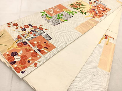 平和屋着物◎六通柄袋帯　唐織　吉祥草花文　金銀糸　正絹　逸品　BAAU9851yc