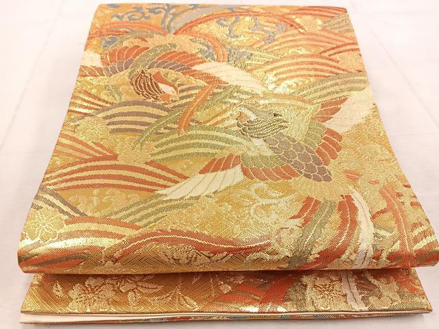 平和屋着物◎六通柄袋帯　鳳凰立波文　金糸　正絹　逸品　BAAU9862yc