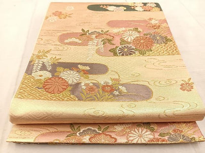 平和屋着物◎六通柄袋帯　エ霞花文　金糸　正絹　逸品　BAAU9872yc