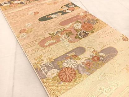 平和屋着物◎六通柄袋帯　エ霞花文　金糸　正絹　逸品　BAAU9872yc