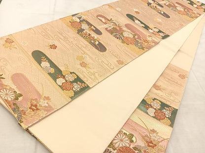 平和屋着物◎六通柄袋帯　エ霞花文　金糸　正絹　逸品　BAAU9872yc