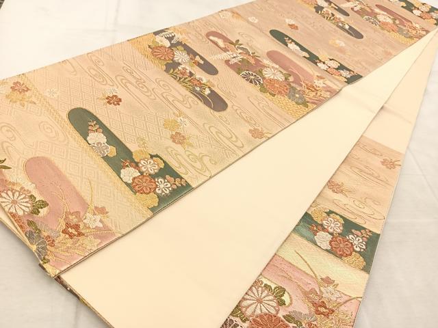 平和屋着物◎六通柄袋帯　エ霞花文　金糸　正絹　逸品　BAAU9872yc