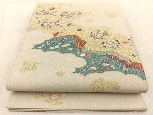 平和屋着物◎太鼓柄袋帯　綴れ　立波花蝶文　金銀糸　正絹　逸品　BAAU9887yc