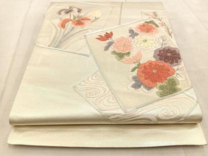 平和屋着物◎太鼓柄袋帯　銀駒刺繍　総刺繍　色紙重ね花文　銀糸　正絹　逸品　未使用　BAAU9890yc