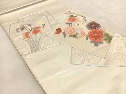 平和屋着物◎太鼓柄袋帯　銀駒刺繍　総刺繍　色紙重ね花文　銀糸　正絹　逸品　未使用　BAAU9890yc