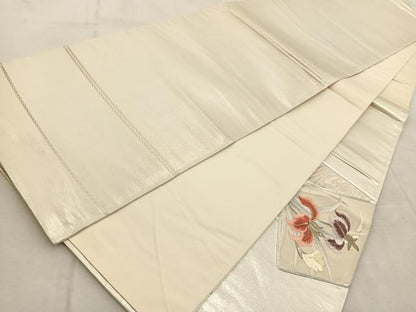 平和屋着物◎太鼓柄袋帯　銀駒刺繍　総刺繍　色紙重ね花文　銀糸　正絹　逸品　未使用　BAAU9890yc