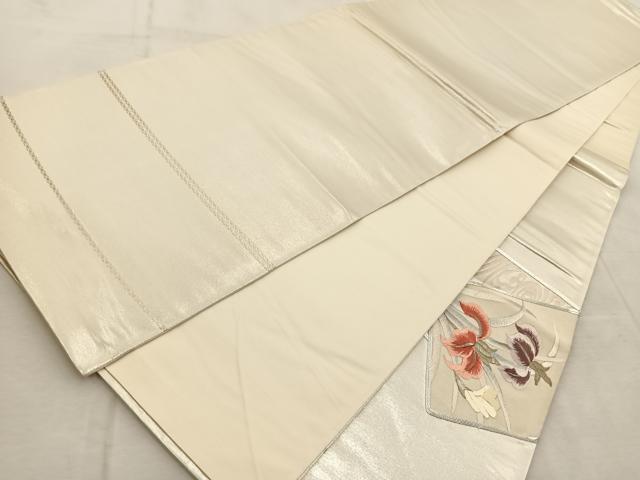 平和屋着物◎太鼓柄袋帯　銀駒刺繍　総刺繍　色紙重ね花文　銀糸　正絹　逸品　未使用　BAAU9890yc