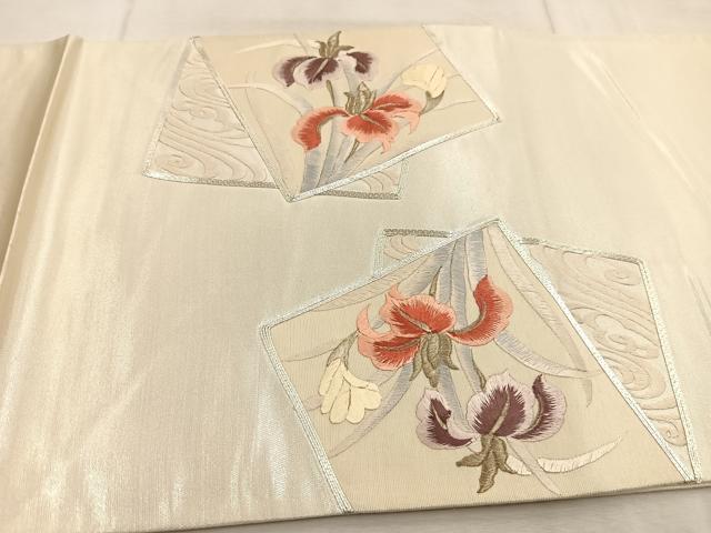 平和屋着物◎太鼓柄袋帯　銀駒刺繍　総刺繍　色紙重ね花文　銀糸　正絹　逸品　未使用　BAAU9890yc