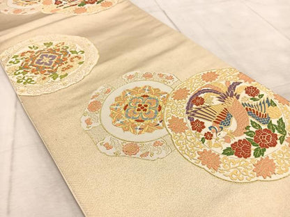 平和屋着物◎六通柄袋帯　唐織　鳳凰花絵皿文　金糸　正絹　逸品　BAAU9909yc