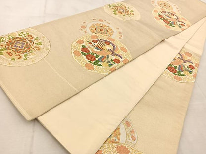 平和屋着物◎六通柄袋帯　唐織　鳳凰花絵皿文　金糸　正絹　逸品　BAAU9909yc