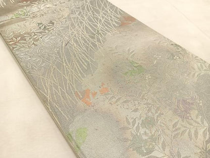 平和屋着物◎六通柄袋帯　草葉文　銀糸　引箔　正絹　逸品　BAAU9913yc