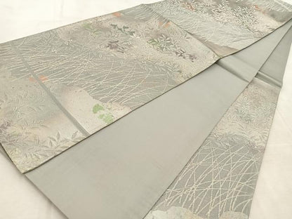 平和屋着物◎六通柄袋帯　草葉文　銀糸　引箔　正絹　逸品　BAAU9913yc