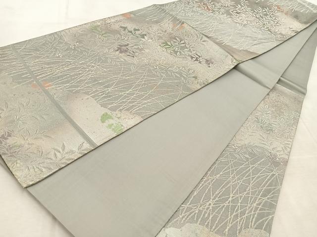 平和屋着物◎六通柄袋帯　草葉文　銀糸　引箔　正絹　逸品　BAAU9913yc