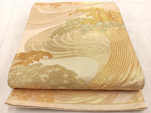 平和屋着物◎六通柄袋帯　立波文　金糸　正絹　逸品　BAAU9922yc