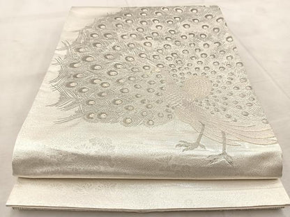 平和屋着物◎太鼓柄袋帯　唐織　雄麗四季孔雀文　銀糸　正絹　逸品　BAAU9927yc