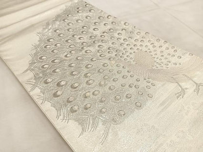 平和屋着物◎太鼓柄袋帯　唐織　雄麗四季孔雀文　銀糸　正絹　逸品　BAAU9927yc