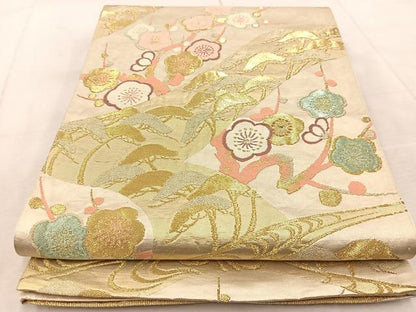 平和屋着物◎六通柄袋帯　唐織　流水松梅文　金糸　正絹　逸品　BAAU9945yc