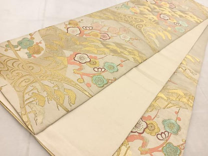 平和屋着物◎六通柄袋帯　唐織　流水松梅文　金糸　正絹　逸品　BAAU9945yc
