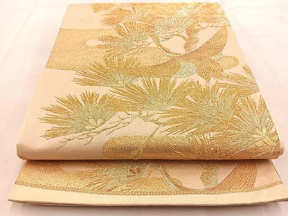 平和屋着物◎六通柄袋帯　飛鶴松文　金糸　正絹　逸品　BAAU9946yc