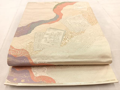 平和屋着物◎六通柄袋帯　百人一首　金銀糸　正絹　逸品　BAAU9952yc