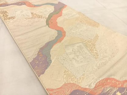平和屋着物◎六通柄袋帯　百人一首　金銀糸　正絹　逸品　BAAU9952yc