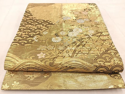 平和屋着物◎佐賀錦　両面　六通柄袋帯　吉祥秋草文　金糸　正絹　逸品　BAAU9964yc