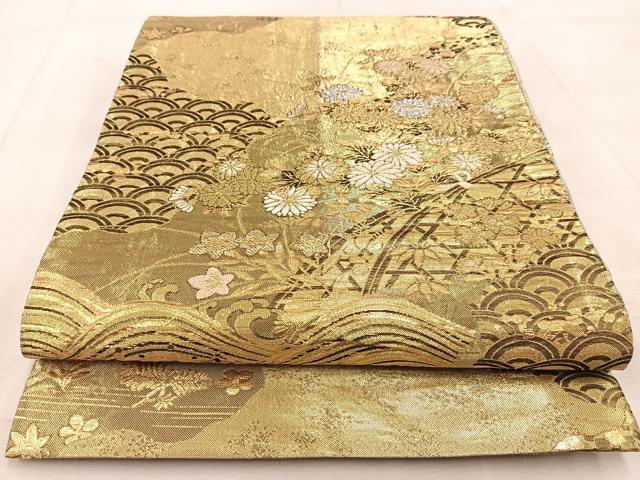 平和屋着物◎佐賀錦　両面　六通柄袋帯　吉祥秋草文　金糸　正絹　逸品　BAAU9964yc
