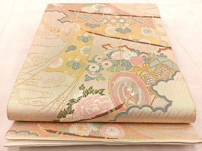 平和屋着物◎六通柄袋帯　唐織　几帳花鳥文　九百錦　金糸　正絹　逸品　BAAU9971yc