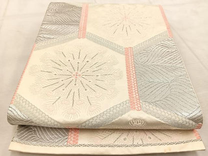 平和屋着物◎六通柄袋帯　唐織　亀甲孔雀羽花文　銀糸　正絹　逸品　BAAU9984yc