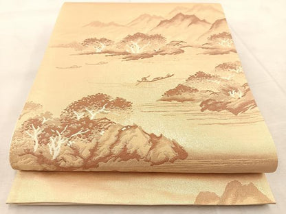 平和屋着物◎六通柄袋帯　渡船人物風景文　金糸　正絹　逸品　BAAU9992yc