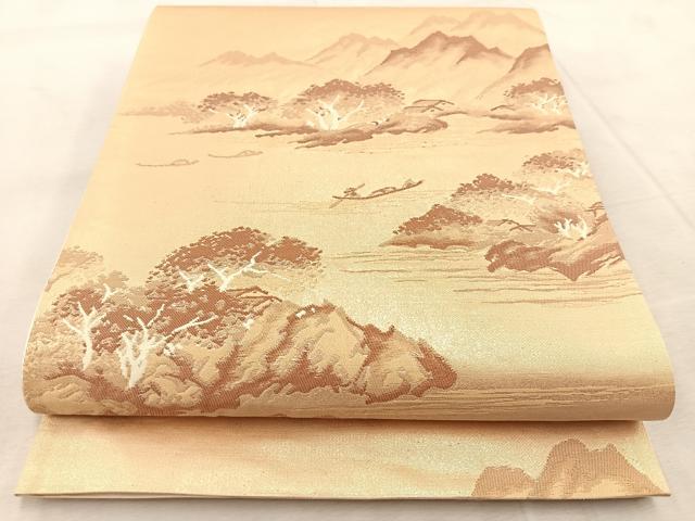 平和屋着物◎六通柄袋帯　渡船人物風景文　金糸　正絹　逸品　BAAU9992yc